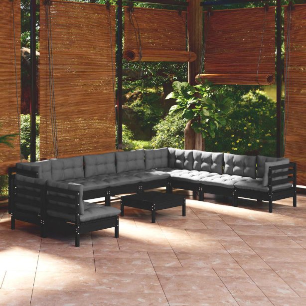 vidaXL 11-tlg. Garten-Lounge-Set mit Grauen Kissen Massivholz Kiefer
