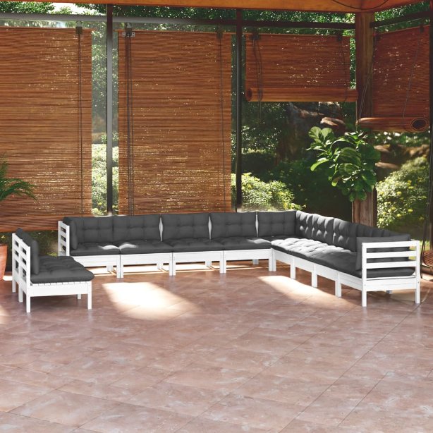 vidaXL 11-tlg. Garten-Lounge-Set mit Grauen Kissen Massivholz Kiefer