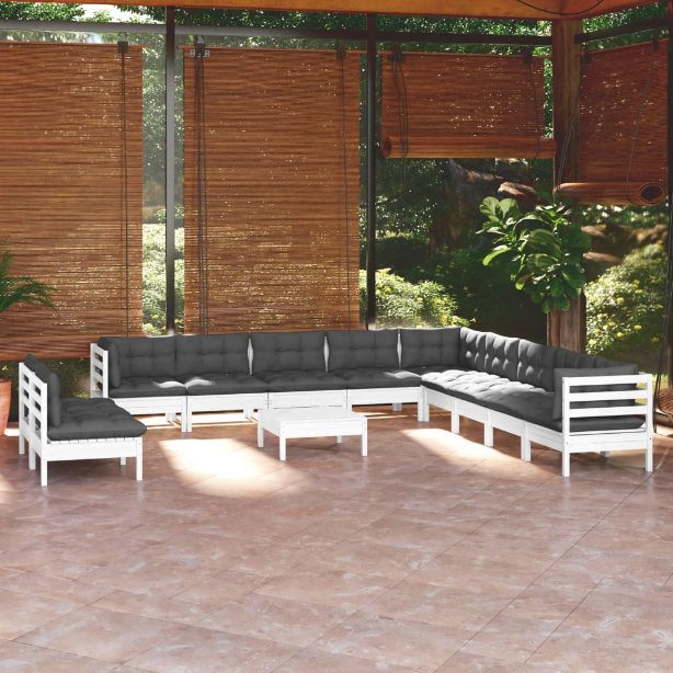 vidaXL 12-tlg. Garten-Lounge-Set mit Grauen Kissen Massivholz Kiefer