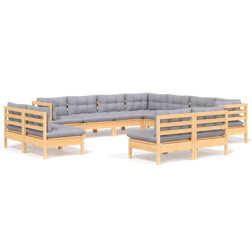 vidaXL 11-tlg. Garten-Lounge-Set mit Grauen Kissen Massivholz Kiefer