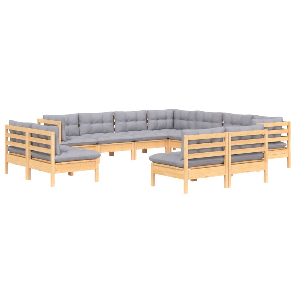 vidaXL 11-tlg. Garten-Lounge-Set mit Grauen Kissen Massivholz Kiefer