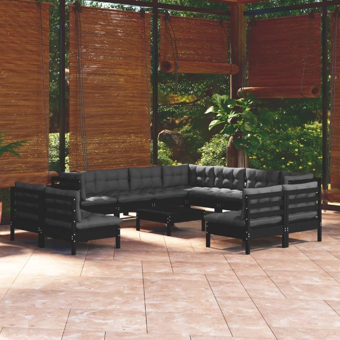 vidaXL 12-tlg. Garten-Lounge-Set mit Grauen Kissen Massivholz Kiefer
