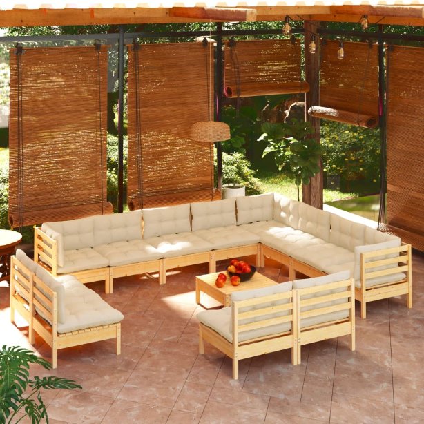 13-tlg. Garten-Lounge-Set mit Grauen Kissen Massivholz Kiefer