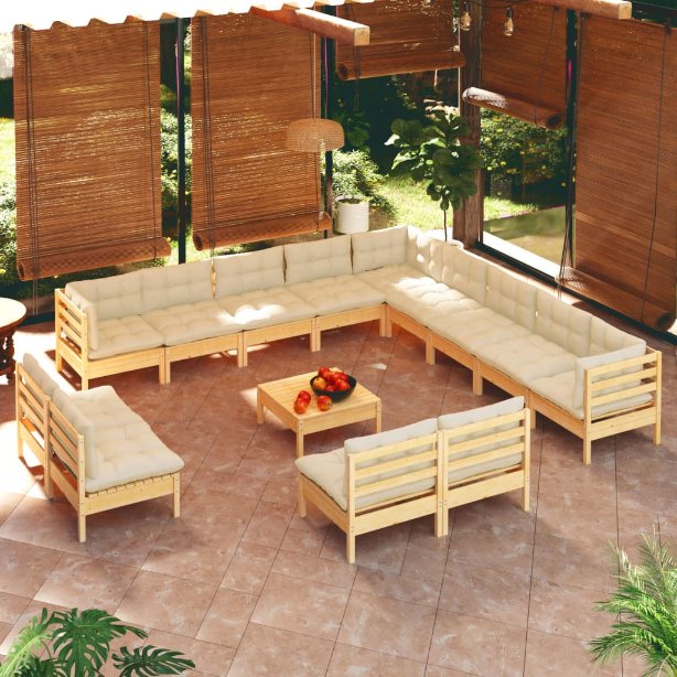 14-tlg. Garten-Lounge-Set mit Grauen Kissen Massivholz Kiefer