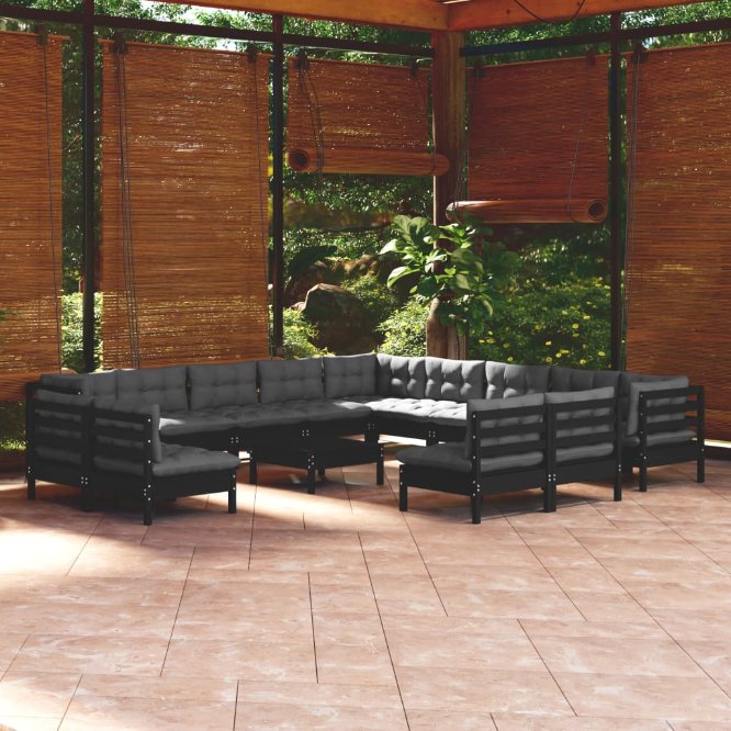 14-tlg. Garten-Lounge-Set mit Grauen Kissen Massivholz Kiefer