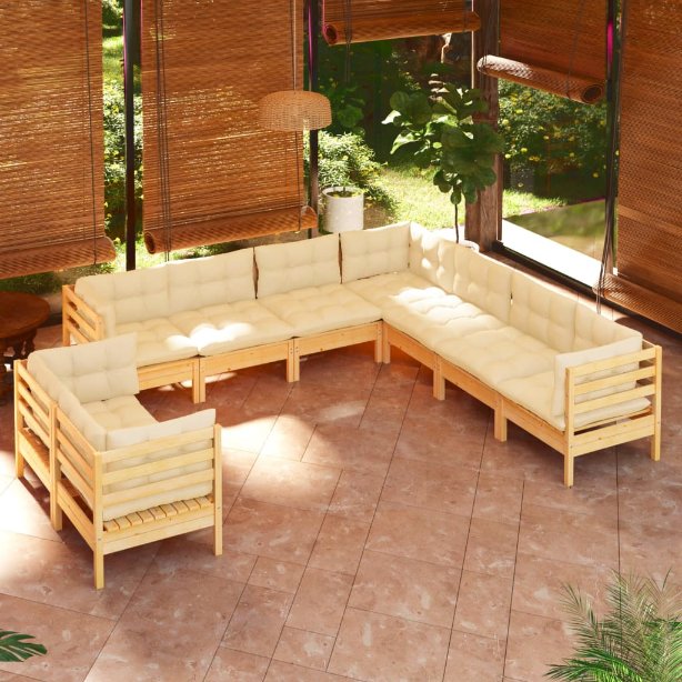 9-tlg. Garten-Lounge-Set mit Grauen Kissen Massivholz Kiefer