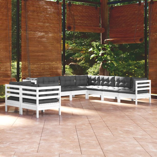 9-tlg. Garten-Lounge-Set mit Grauen Kissen Massivholz Kiefer