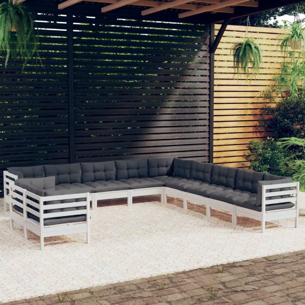 vidaXL 11-tlg. Garten-Lounge-Set mit Grauen Kissen Massivholz Kiefer