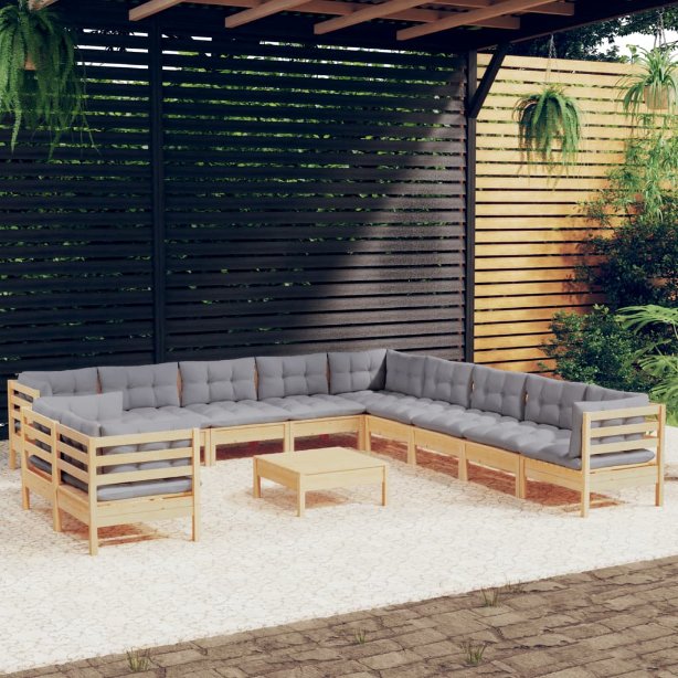 vidaXL 12-tlg. Garten-Lounge-Set mit Grauen Kissen Massivholz Kiefer