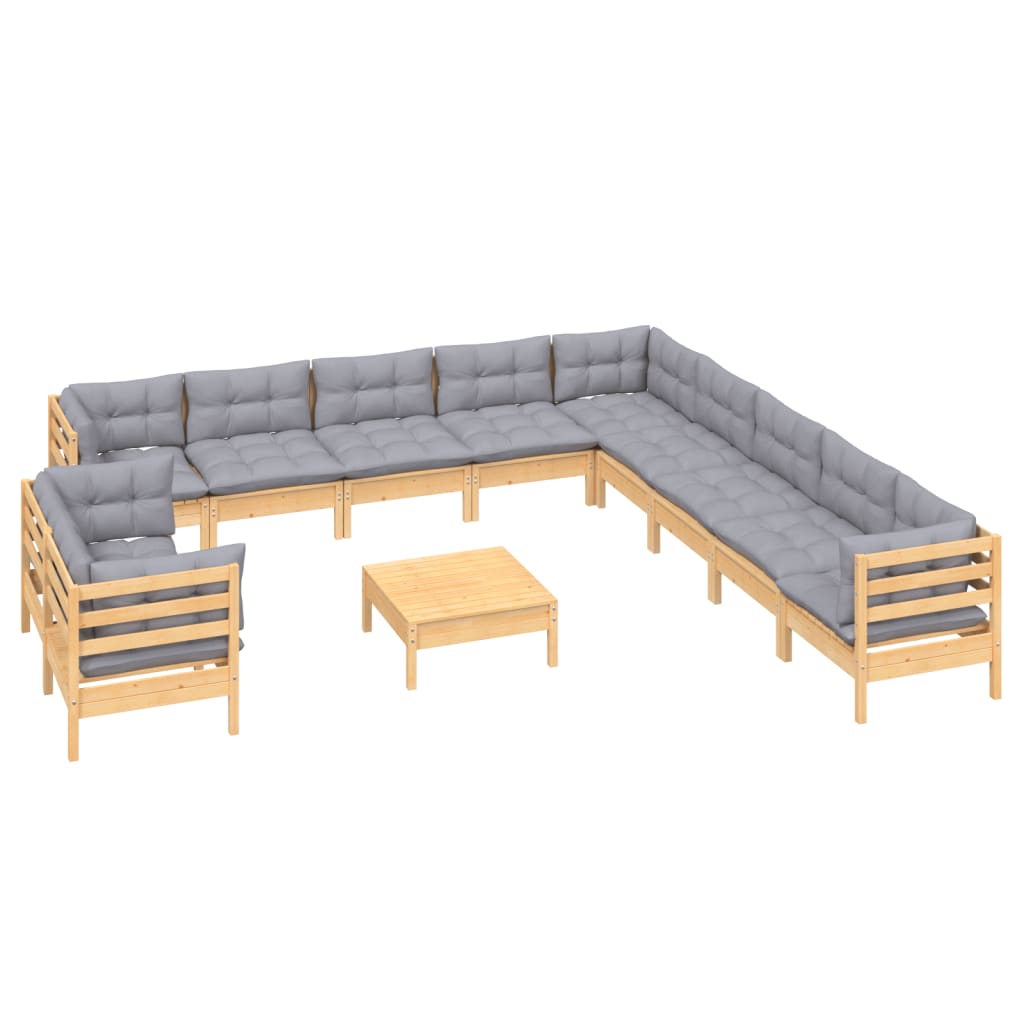 vidaXL 12-tlg. Garten-Lounge-Set mit Grauen Kissen Massivholz Kiefer
