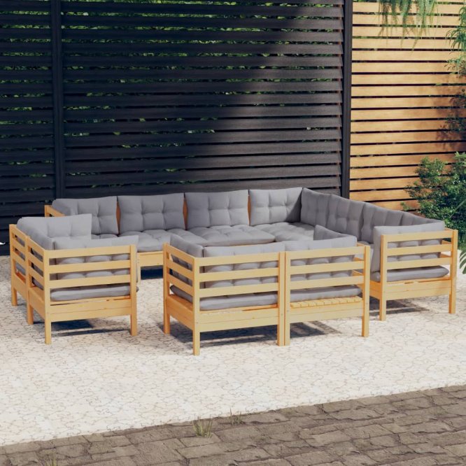 vidaXL 11-tlg. Garten-Lounge-Set mit Grauen Kissen Massivholz Kiefer
