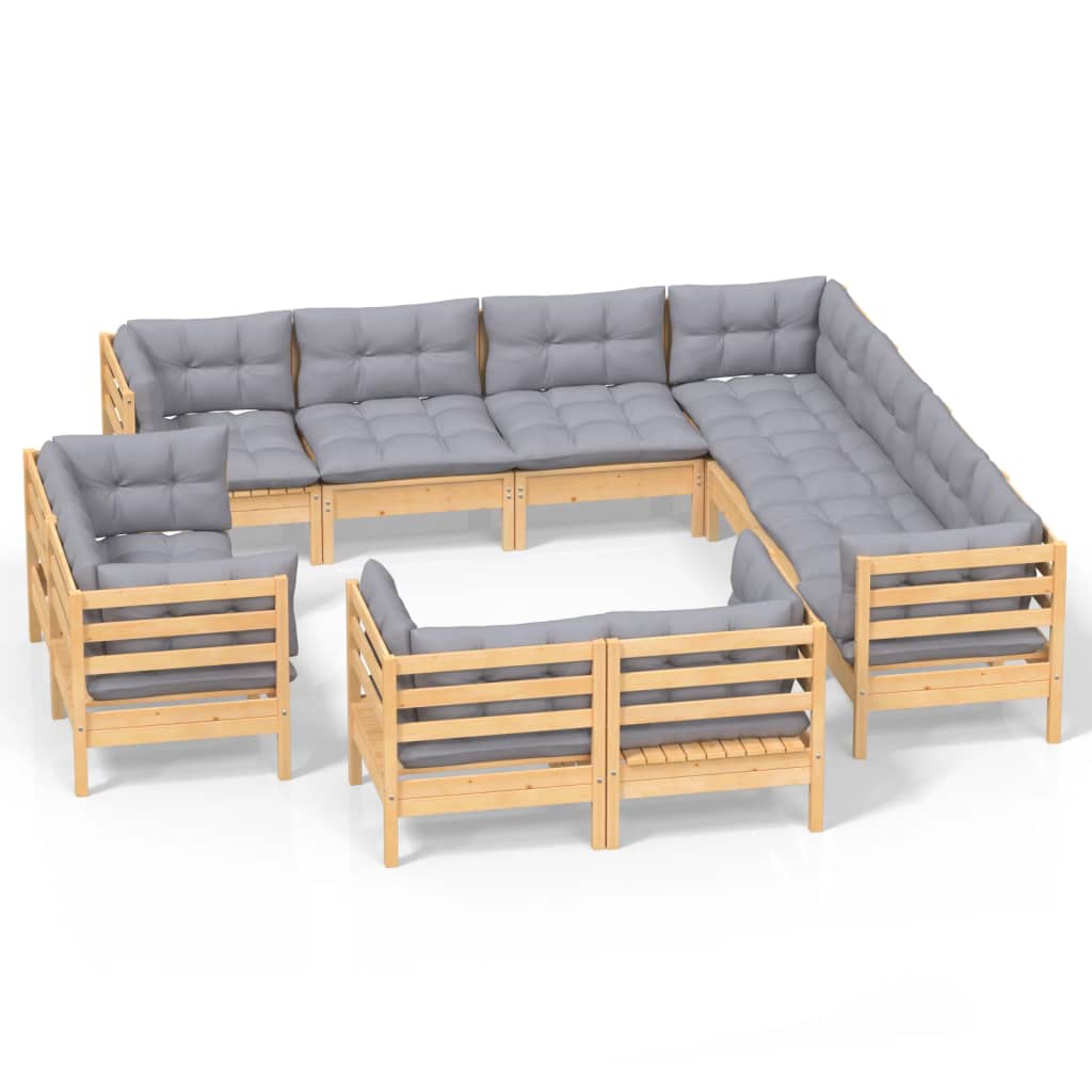 vidaXL 11-tlg. Garten-Lounge-Set mit Grauen Kissen Massivholz Kiefer