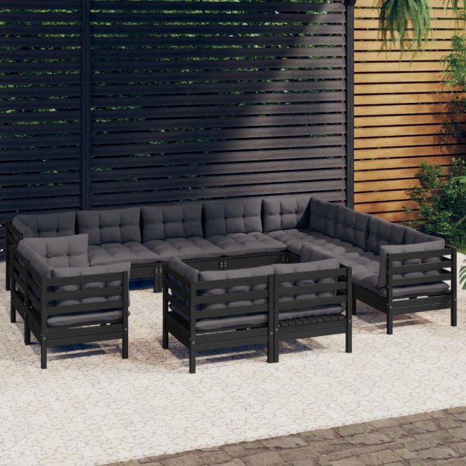 vidaXL 12-tlg. Garten-Lounge-Set mit Grauen Kissen Massivholz Kiefer