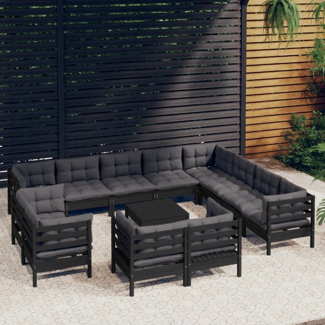13-tlg. Garten-Lounge-Set mit Grauen Kissen Massivholz Kiefer