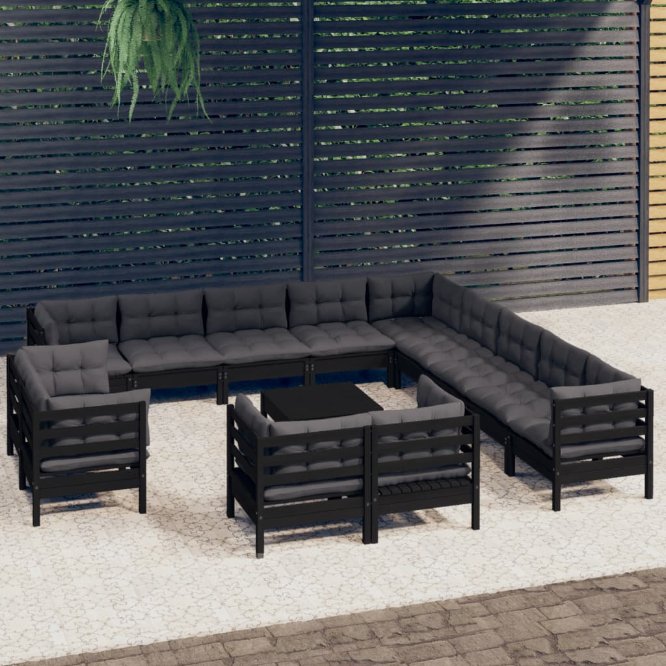 14-tlg. Garten-Lounge-Set mit Grauen Kissen Massivholz Kiefer