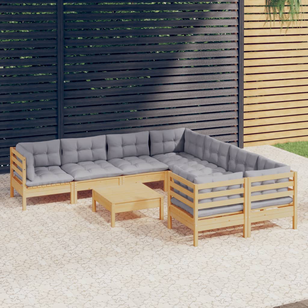 9-tlg. Garten-Lounge-Set mit Grauen Kissen Kiefernholz