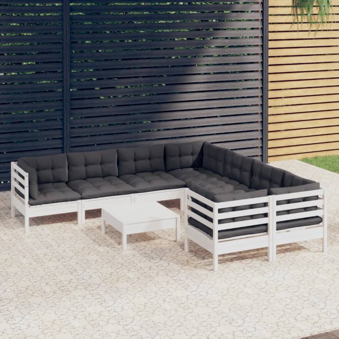 9-tlg. Garten-Lounge-Set mit Grauen Kissen Kiefernholz