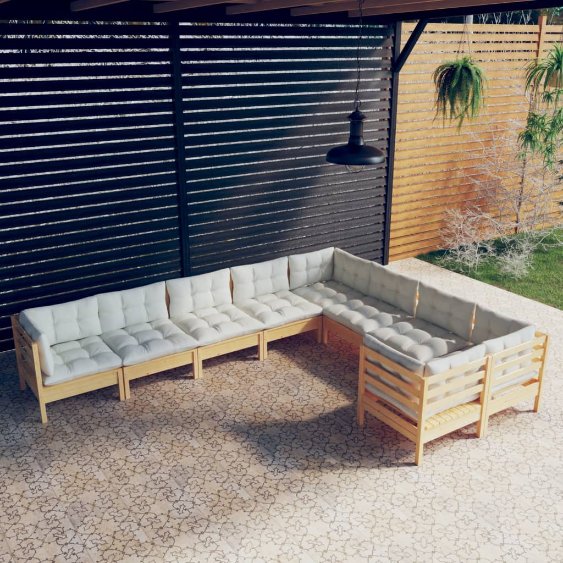 9-tlg. Garten-Lounge-Set mit Grauen Kissen Kiefernholz