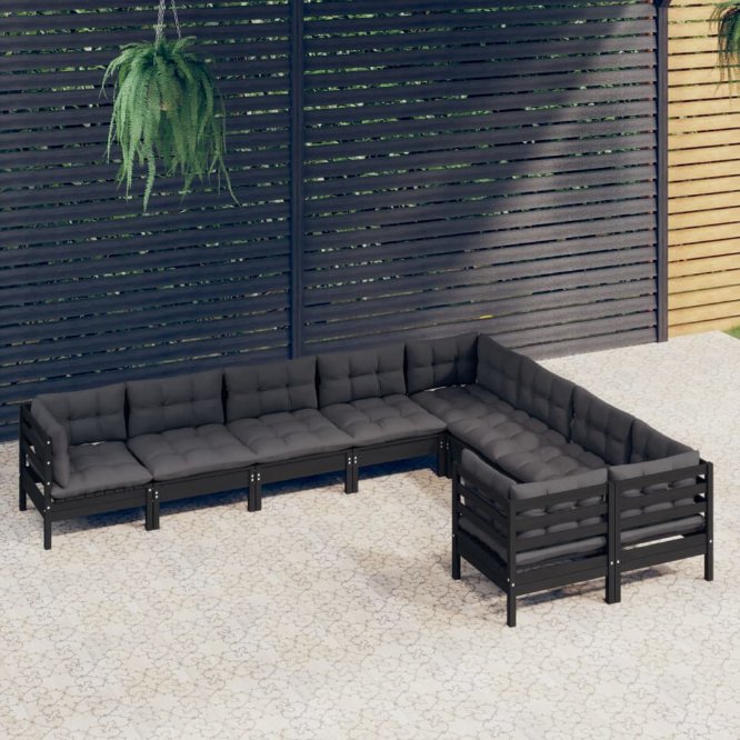 9-tlg. Garten-Lounge-Set mit Grauen Kissen Kiefernholz