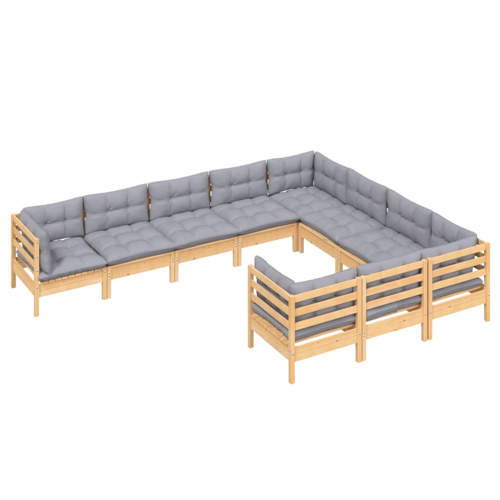 vidaXL 10-tlg. Garten-Lounge-Set mit Grauen Kissen Kiefernholz