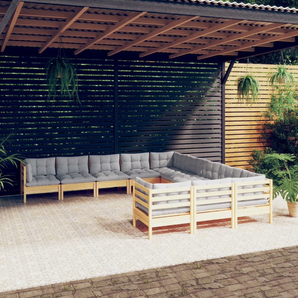 vidaXL 11-tlg. Garten-Lounge-Set mit Grauen Kissen Kiefernholz