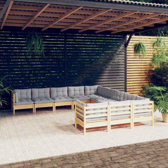 vidaXL 11-tlg. Garten-Lounge-Set mit Grauen Kissen Kiefernholz