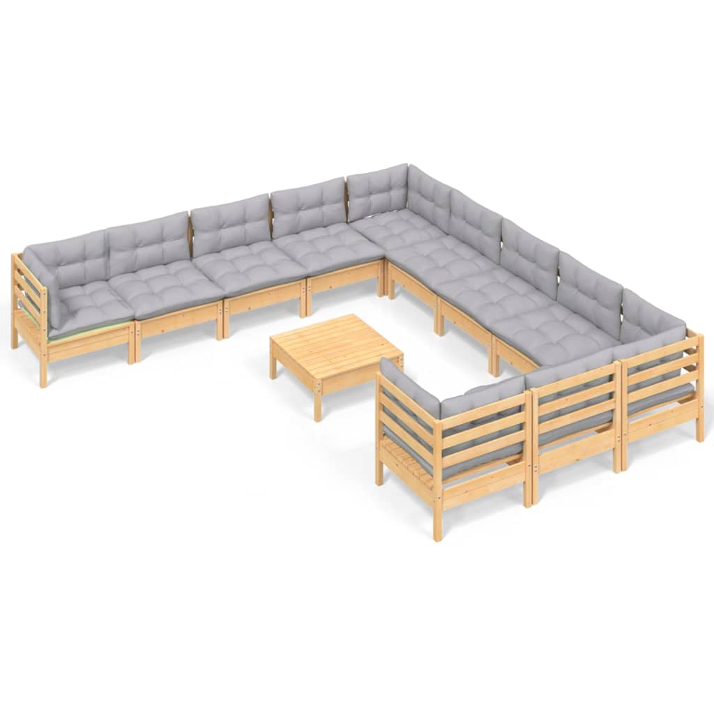 vidaXL 12-tlg. Garten-Lounge-Set mit Grauen Kissen Kiefernholz