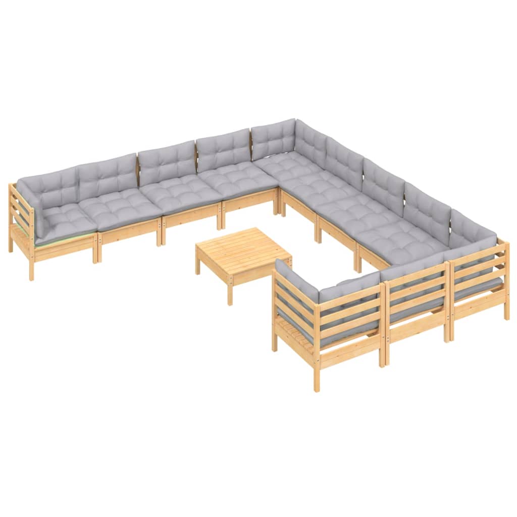 vidaXL 12-tlg. Garten-Lounge-Set mit Grauen Kissen Kiefernholz
