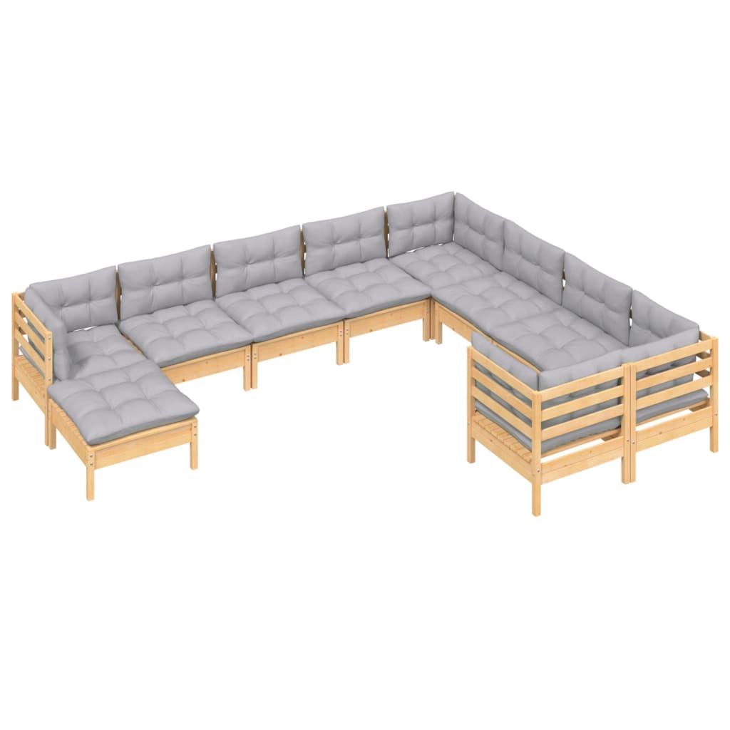 vidaXL 10-tlg. Garten-Lounge-Set mit Grauen Kissen Kiefernholz