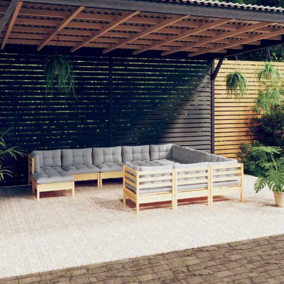 vidaXL 11-tlg. Garten-Lounge-Set mit Grauen Kissen Kiefernholz