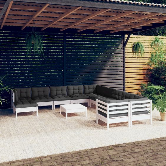 vidaXL 12-tlg. Garten-Lounge-Set mit Grauen Kissen Kiefernholz