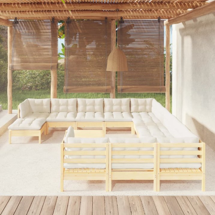 13-tlg. Garten-Lounge-Set mit Grauen Kissen Kiefernholz