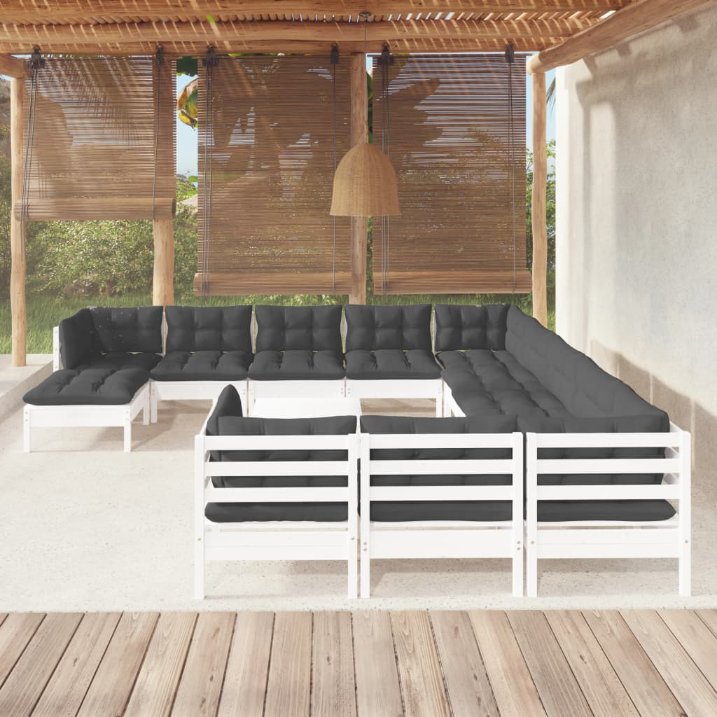 13-tlg. Garten-Lounge-Set mit Grauen Kissen Kiefernholz