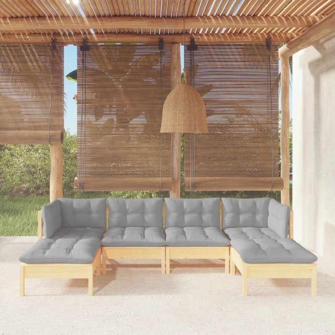 6-tlg. Garten-Lounge-Set mit Grauen Kissen Kiefernholz