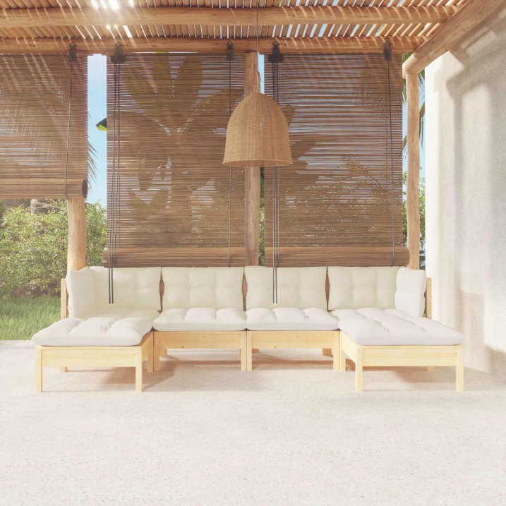 6-tlg. Garten-Lounge-Set mit Grauen Kissen Kiefernholz