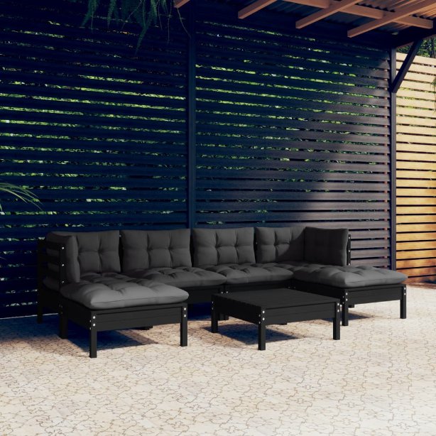 7-tlg. Garten-Lounge-Set mit Grauen Kissen Kiefernholz