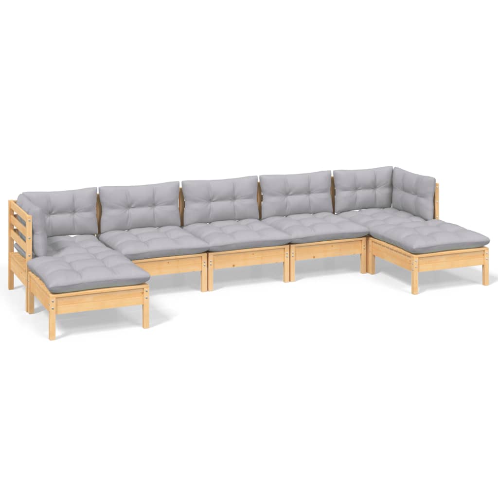 7-tlg. Garten-Lounge-Set mit Grauen Kissen Kiefernholz