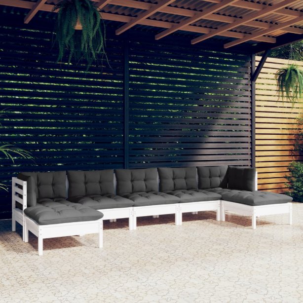 7-tlg. Garten-Lounge-Set mit Grauen Kissen Kiefernholz