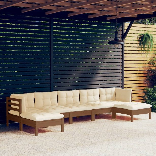 7-tlg. Garten-Lounge-Set mit Grauen Kissen Kiefernholz