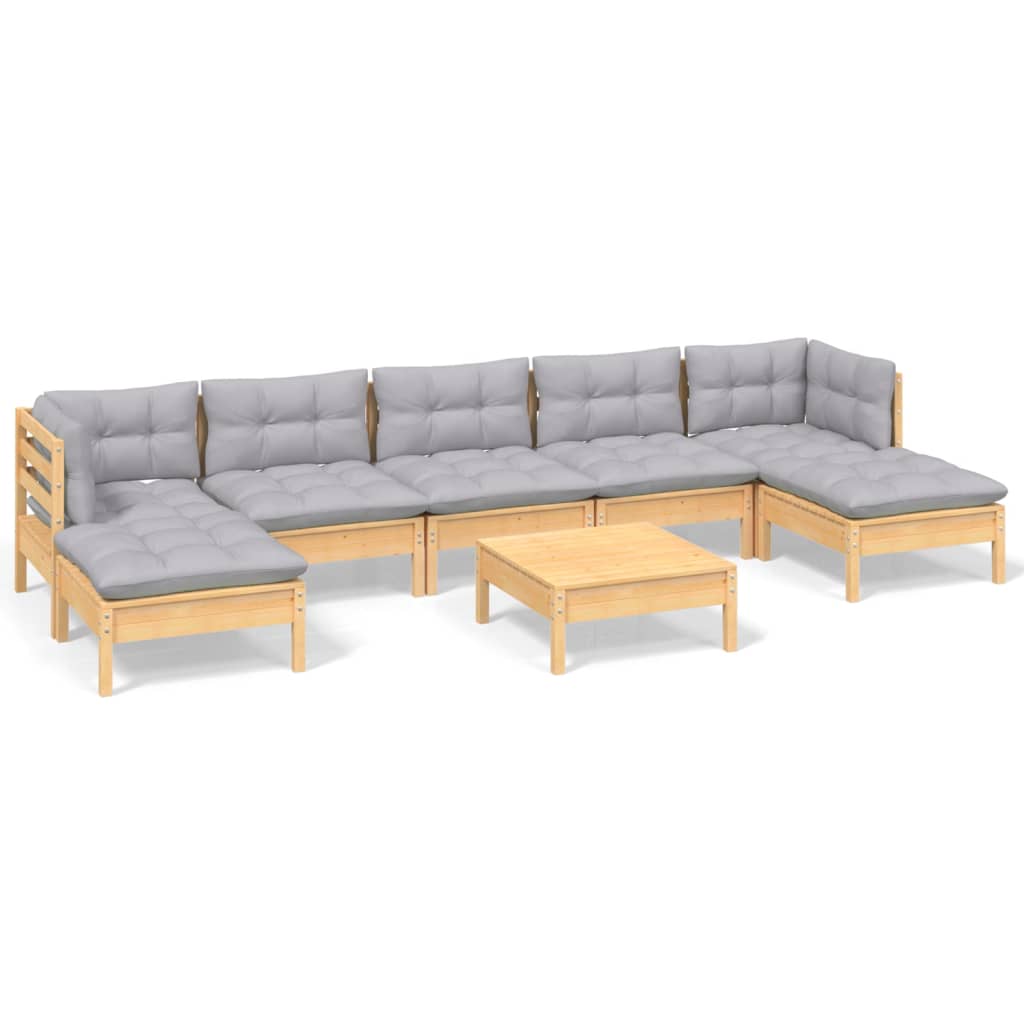 8-tlg. Garten-Lounge-Set mit Grauen Kissen Kiefernholz