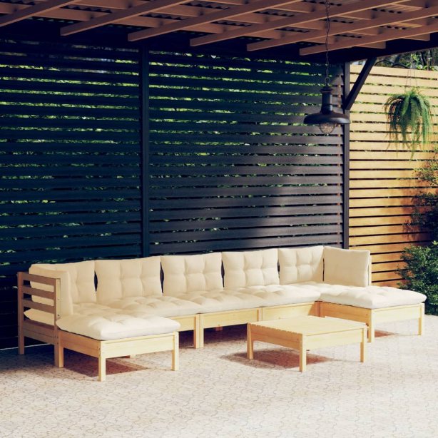 8-tlg. Garten-Lounge-Set mit Grauen Kissen Kiefernholz