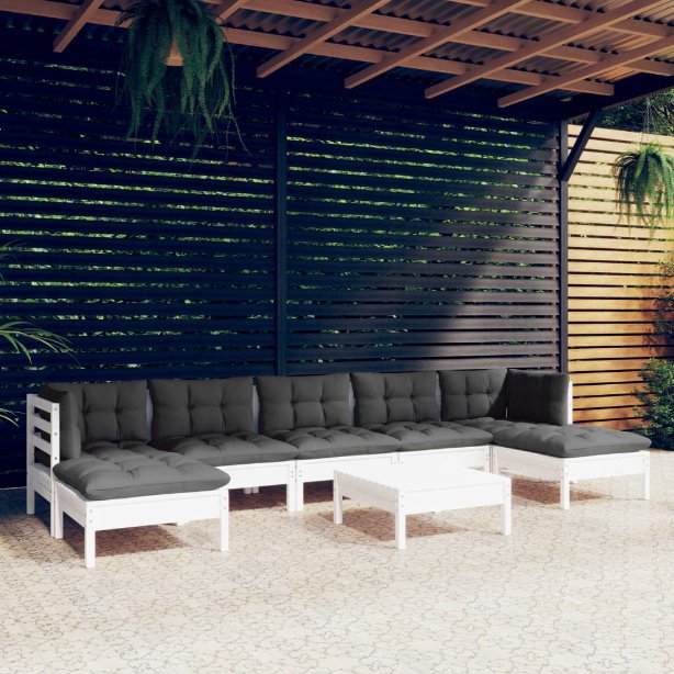 8-tlg. Garten-Lounge-Set mit Grauen Kissen Kiefernholz