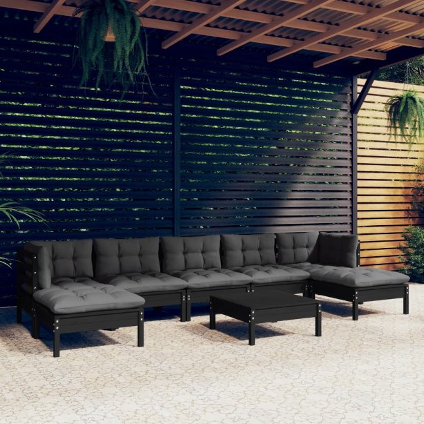 8-tlg. Garten-Lounge-Set mit Grauen Kissen Kiefernholz