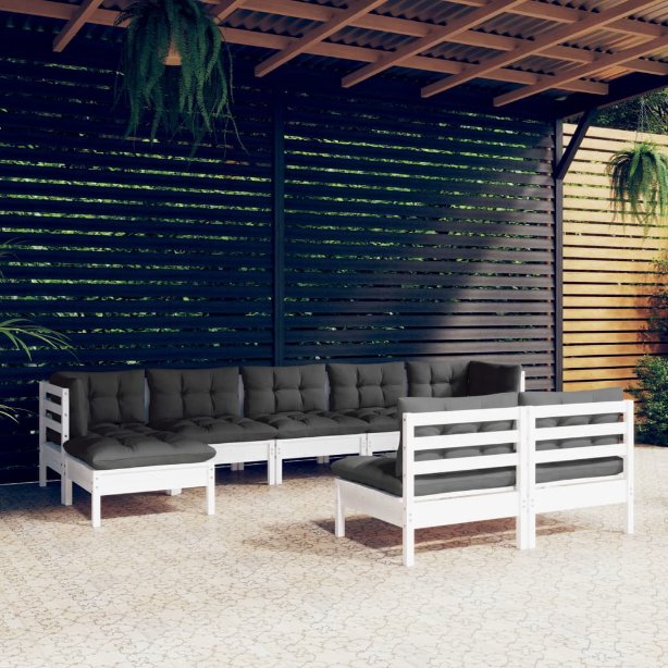 9-tlg. Garten-Lounge-Set mit Grauen Kissen Kiefernholz