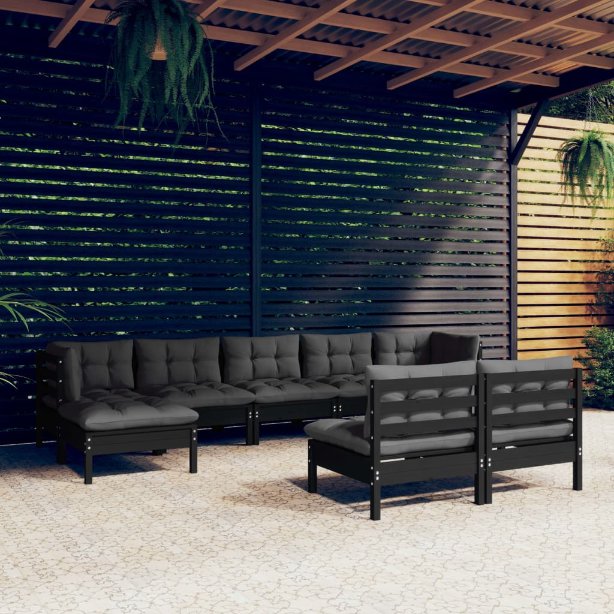 9-tlg. Garten-Lounge-Set mit Grauen Kissen Kiefernholz