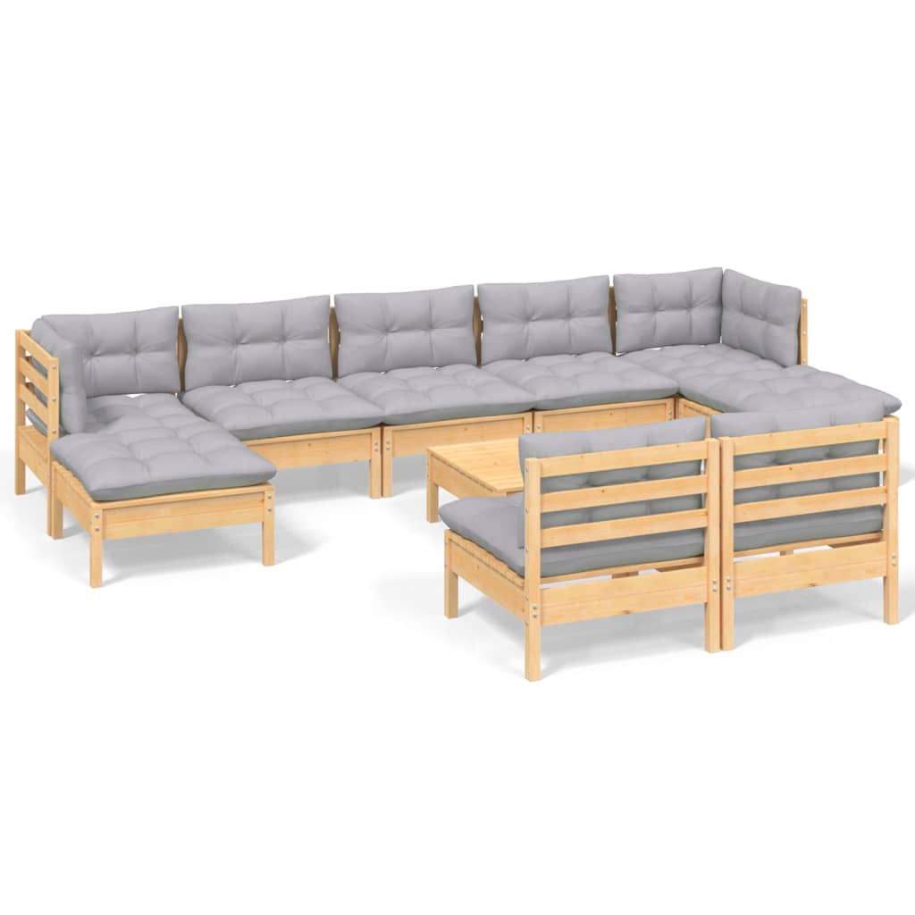 vidaXL 10-tlg. Garten-Lounge-Set mit Grauen Kissen Kiefernholz