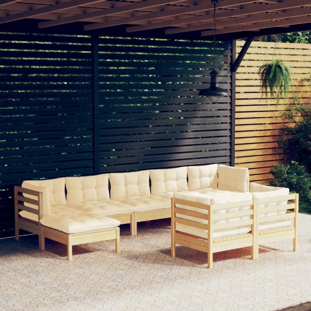 9-tlg. Garten-Lounge-Set mit Grauen Kissen Kiefer Massivholz