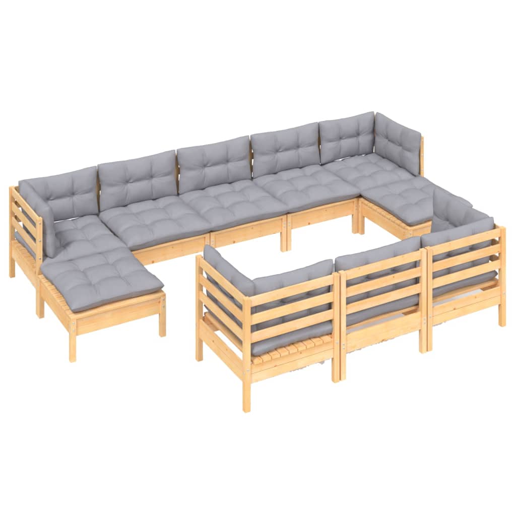 vidaXL 10-tlg. Garten-Lounge-Set mit Grauen Kissen Kiefer Massivholz