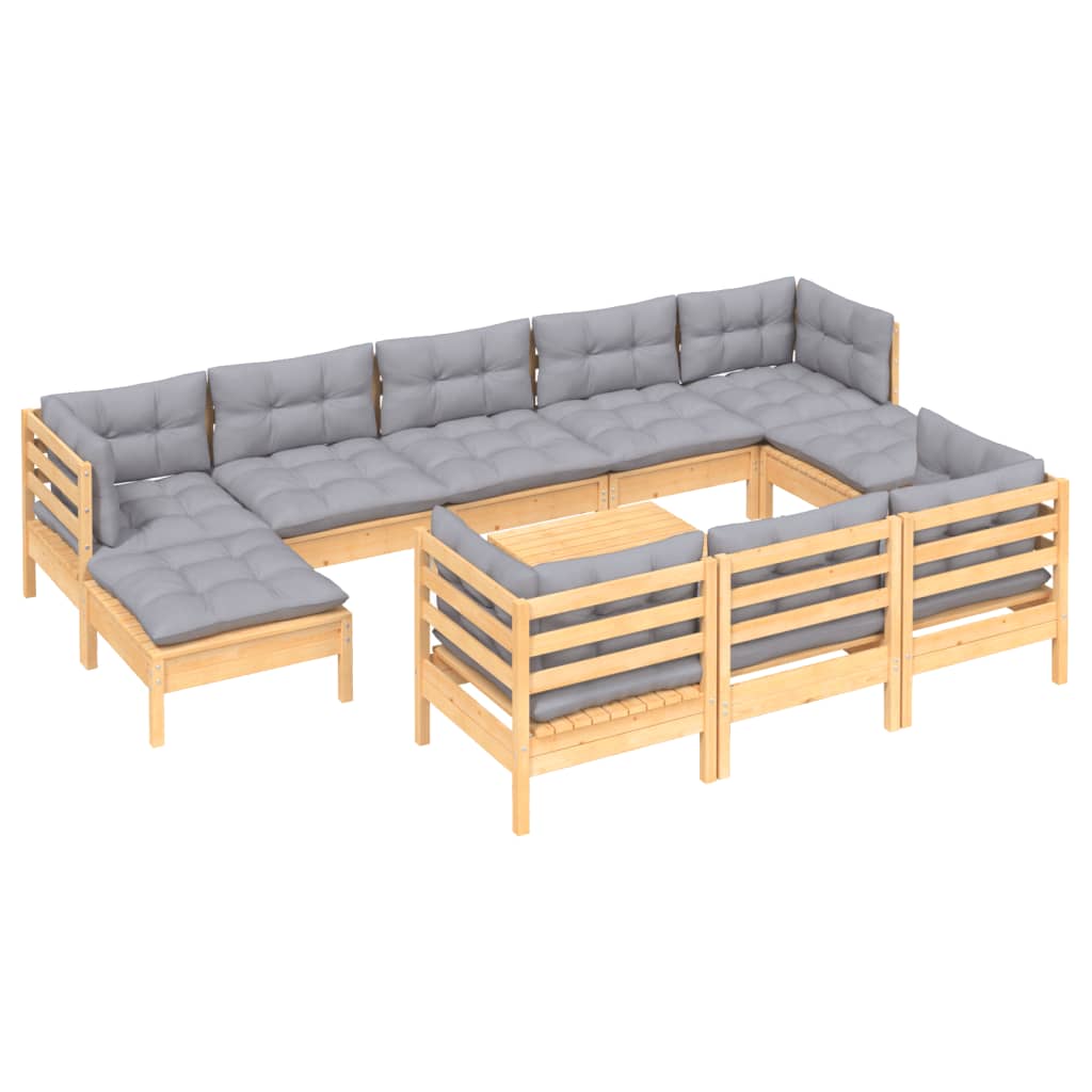 vidaXL 11-tlg. Garten-Lounge-Set mit Grauen Kissen Kiefer Massivholz