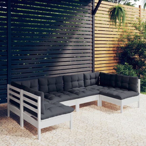 6-tlg. Garten-Lounge-Set mit Grauen Kissen Kiefer Massivholz